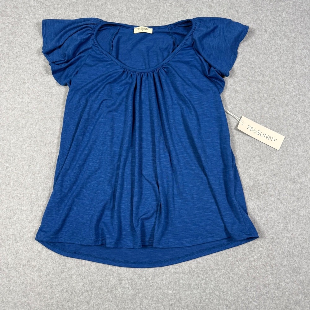 78&Sunny Slub Flutter Sleeve Top Coastal Blue Beach Resort Scoop Neck Knit M NEW